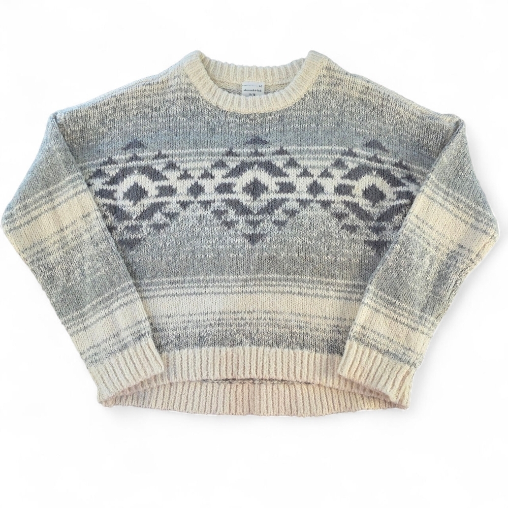 Abercrombie Kids Crewneck Sweater Cream & Grey Fair Isle Knit Size 9/10